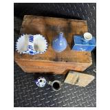 Vintage Delft Blue Porcelain Miniatures in Wooden Crate with Dangerous Pellet Powder Label