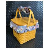 Longaberger Picnic Basket - Woven Basket with Wood Lid & Fabric Ruffle