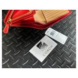 Coach Red Leather Wallet - Signature C Monogram, Card Slots, Zip Coin Pocket