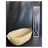 Oval Woven Basket with OH HELLO Wall Sign Decor Set - Farmhouse Home Decor