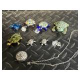 Turtle Charm Jewelry Set - Mosaic Glass Turtles & Silver Turtle Pendants with Chain