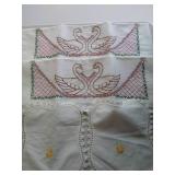 Matching Embroidered Swan Pillow Cases & Pair of Doilies