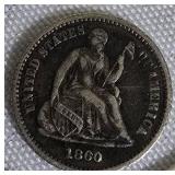1860 Seated Liberty Half Dime, Type 4, with a legend on the obverse. 1860 Seated Liberty Half Dime, Type 4, with a legend on the obverse.