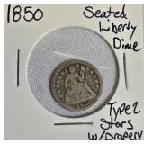 1850 Seated Liberty Dime, Type 2, with Stars and Drapery 1850 Seated Liberty Dime, Type 2, with Stars and Drapery