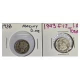 Mercury Dimes from 1938 & 1943 Mercury Dimes from 1938 & 1943