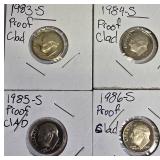 Rosevelt Dime's Proof Clad coins from 1983 to 1986 were made at the San Francisco mint. Rosevelt Dime's Proof Clad coins from 1983 to 1986 were made at the San Francisco mint.