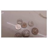 Assorted American Coins, 1-Barber 1944 Dime, 5- 1950-1967 Dimes, 1942 Quarter, 1927 Buffalo Nickel