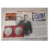 Kennedy Half Dollar and Stamp .  Card features nomination for President.