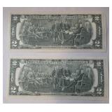 Two - 2 Dollar Bills With Consecutive Serial Number.  Series 1976 - Very Crisp