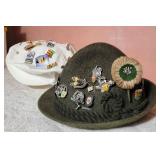 Green Wool Tyrolean Hat with Travel Pins plus White Tam Hat