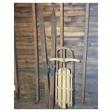 Vintage Wooden Sled and Antique Wood Skis