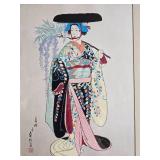 Framed Japanese Bijin Woodblock Print Woman with Fan