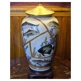Porcelain Table Lamp with Hand Painted Fish Motif
