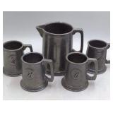 Vintage Wilton Pewter Monogrammed Beer Set – Pitcher and Four Mugs with Initials