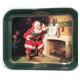 Vintage Coca-Cola Santa Tray – Green Metal with Fireplace Scene