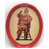Vintage Coca-Cola Santa Tray – Red Metal Oval with Santa Holding Coke & Toys