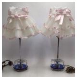 Vintage Pair of Blue Glass Base Table Lamps – Crystal Drops and Net Shades