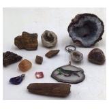 Assortment of Small Agate Geodes, Tumbled Stones, and Painted Slice Pendant
