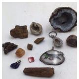 Assortment of Small Agate Geodes, Tumbled Stones, and Painted Slice Pendant