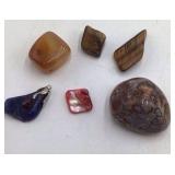 Assortment of Small Agate Geodes, Tumbled Stones, and Painted Slice Pendant