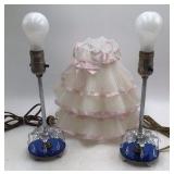 Vintage Pair of Blue Glass Base Table Lamps – Crystal Drops and Net Shades