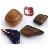 Assortment of Small Agate Geodes, Tumbled Stones, and Painted Slice Pendant