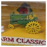 Diecast John Deere Model A tractor features a green body with yellow spoked wheels and detailed engine components. Packaged in the original window box labeled Farm Classics by ERTL. Classic farm toy r