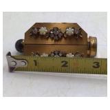 Vintage Goldtone Octagonal Vanity Compact – Jeweled Floral Design with Lipstick Holder