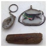 Assortment of Small Agate Geodes, Tumbled Stones, and Painted Slice Pendant