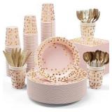 Pink and Gold Party Supply Kit, 350 Pieces Disposable Dinnerware Set, Pink Paper Plates, Napkins, Cups, Gold Plastic Forks, Knives and Spoons, Great for Parties RETAIL: $30.00
