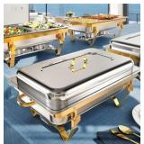 Chafing Dishes for Buffets 9Qt Four Pack Food Pans Combo, High Grade, Durable and Hard, Great for Parties, Weddings, Indoor and Outdoors, Gold and Silver Color RETAIL $175.00