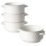 Soup Bowls With Handles, 20 oz each, Four Bowl Set, Great for French Onion and Other Soups, Stackable, Safe for Chili, Beef Stew, Arctic White Color RETAIL: $50.00
