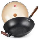 Iron Flat Bottom Wok With Glass Lid Black Wok With Helper Handle 13.4 Inches RETAIL: $105.00