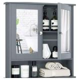 Bathroom Medicine Cabinet With Mirror Wall Mounted Wooden Hanging Oranizer With Doors and Shelves, Gray Color Tangkula Brand