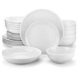 24-Piece Gourmet Porcelain Dinnerware Sets, Modern White Round Dish Set for 6 - Premium Serving Plates and Bowls Sets for Dessert, Salad, Soup, Pasta - Series AMELIA