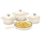 Enameled Cast Iron Cookware Set 7-Piece, Dutch Ovens, Sauce Pan, Skillet, 3 Lids, PFA Free Gas/Induction Cream White Color Retail: $165.00