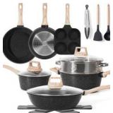 17 Piece Pots and Pans Set, Non-Stick Kitchen Cookware, Black Granite Cooking Tools With Wood Handles Non-Toxic PFOS and PFOA Free