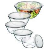 Glass Mixing Bowls with Lids Set of 5(4.78QT,2.2QT,1.7QT,1.1QT,0.85QT),Thick Glass Nesting Bowls for Kitchen Baking ,Cooking Prep, Storage, Serving, Large Salad Bowls, Dishwasher Microwave Freezer Saf