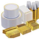 700 Piece Gold Dinnerware Set for 100 Guests, Disposable for Party, Include: 100 Gold Rim Dinner Plates, 100 Dessert Plates, 100 Paper Napkins, 100 Cups, 100 Plastic Silverware Set, RETAIL: $80.00