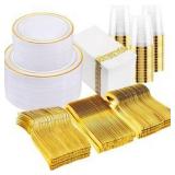 700 Piece Gold Dinnerware Set for 100 Guests, Plastic Plates, Napkins, Dessert Plates, Forks, Spoons, Knives, Cups RETAIL: $80.00