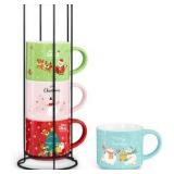 Set of 4 Stackable Christmas Mugs, 15.8 Oz Coffee Mug With Stand, Holiday Hot Cocoa Mugs for Mom Family Colleagues Friend & Farmhouse
