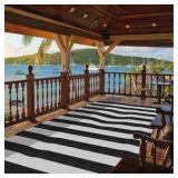 Plastic Straw Outdoor Waterproof Patio and Deck Rug, Foldable, Reversible, Great for Camping, RV, Deck, Porch, Picnic, Beach, Balcony, Black and White Stripes Design