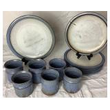 Blue Stoneware Pottery Set - 6 Cups, 6 Plates and 1 10" Plate