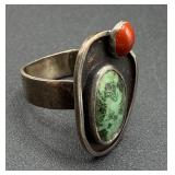 Southwestern Sterling Silver Turquoise and Coral Ring - Size 10.5