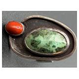 Southwestern Sterling Silver Turquoise and Coral Ring - Size 10.5
