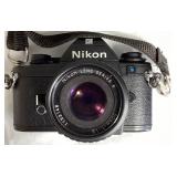 Nikon EM SLR 35mm Camera with 50mm Nikon Series E Lens and Flash
