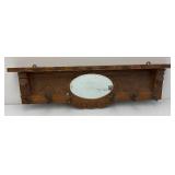 Solid Oak Coat Rack/Shelf With Beveled Oval Mirror 36" x 11" x 3 1/2" (Two Hangers Broke)