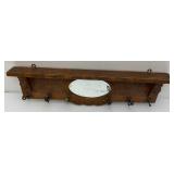 Solid Oak Coat Rack/Shelf With Beveled Oval Mirror 36" x 11" x 3 1/2" (Two Hangers Broke)