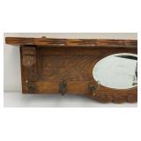 Solid Oak Coat Rack/Shelf With Beveled Oval Mirror 36" x 11" x 3 1/2" (Two Hangers Broke)