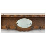 Solid Oak Coat Rack/Shelf With Beveled Oval Mirror 36" x 11" x 3 1/2" (Two Hangers Broke)